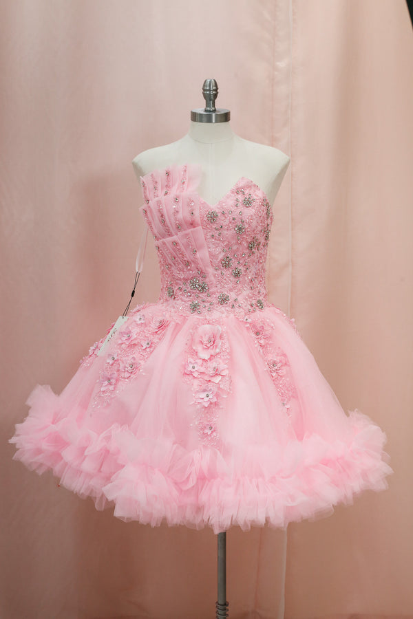 BM1-03 Pink Ruffled Floral Corset Baile Sorpresa Dress — vestido para Baile Sorpresa en Moroleón, Guanajuato — Boutique Moroleón
