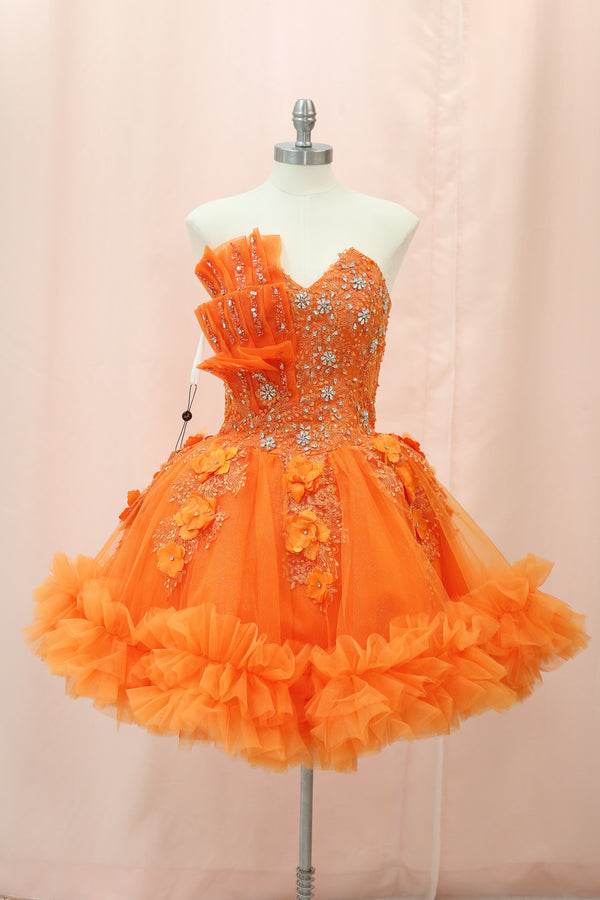BM1-03 Orange Ruffled Floral Corset Baile Sorpresa Dress — vestido para Baile Sorpresa en Moroleón, Guanajuato — Boutique Moroleón