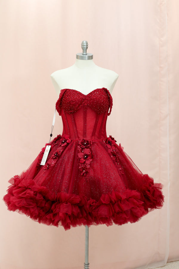 BM1-01 Red Floral Corset Baile Sorpresa Dress — vestido para Baile Sorpresa en Moroleón, Guanajuato — Boutique Moroleón
