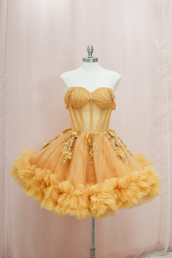 BM1-01 Gold Floral Corset Baile Sorpresa Dress — vestido para Baile Sorpresa en Moroleón, Guanajuato — Boutique Moroleón