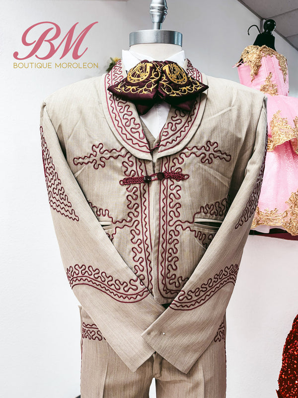 Economic Charro Suit Beige/Burgundy — traje de charro en Moroleón, Guanajuato — Boutique Moroleón