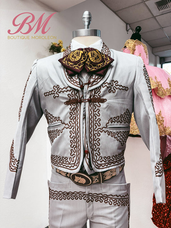Economical Charro Suit Grey/Burgandy — traje de charro en Moroleón, Guanajuato — Boutique Moroleón
