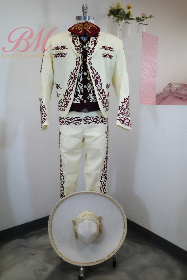 Charro Suit Biege con Wine — traje de charro en Moroleón, Guanajuato — Boutique Moroleón