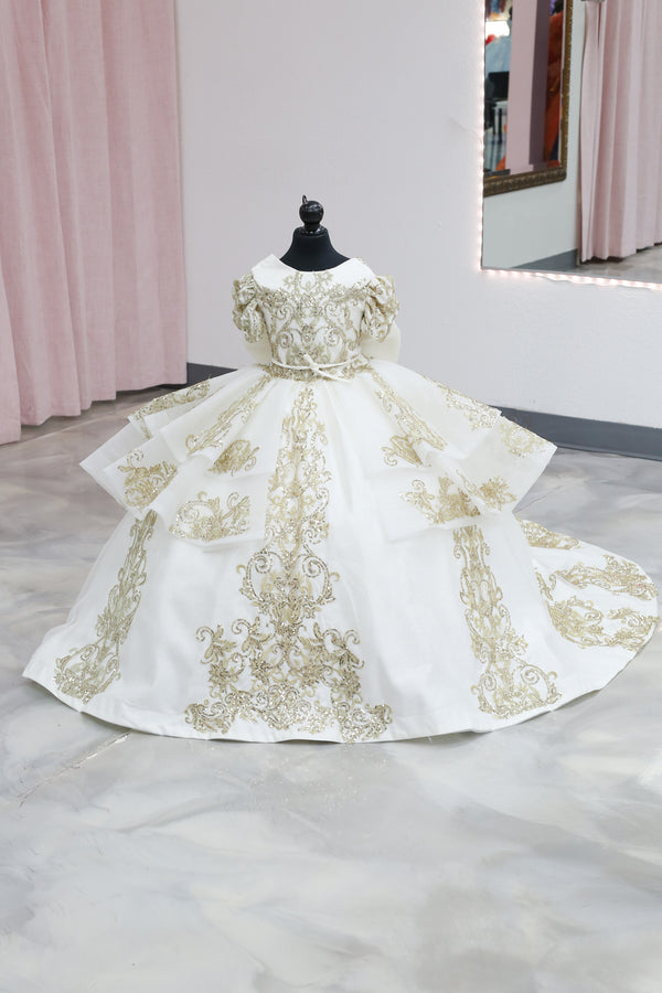 Ivory &amp; Gold Royal Mini Quinceañera Gown — girls quinceañera dress at Boutique Moroleón Sacramento