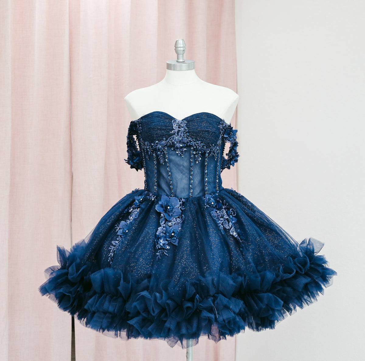 BM1-01 Navy Off-Shoulder Floral Corset Baile Sorpresa Dress