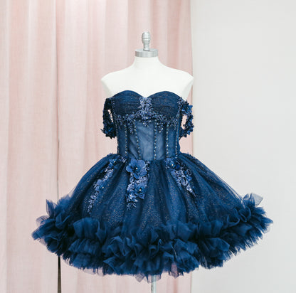 BM1-01 Navy Off-Shoulder Floral Corset Baile Sorpresa Dress