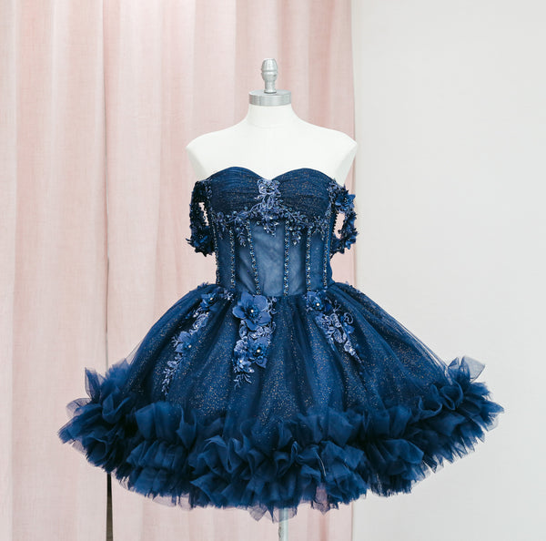 BM1-01 Navy Off-Shoulder Floral Corset Baile Sorpresa Dress — vestido para Baile Sorpresa en Moroleón, Guanajuato — Boutique Moroleón
