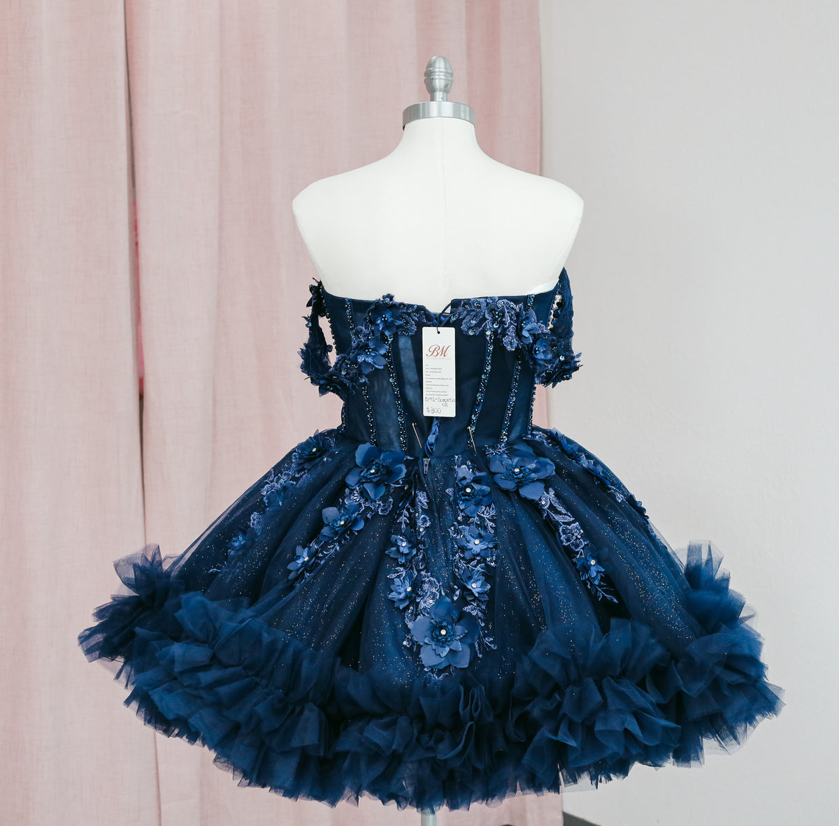 BM1-01 Navy Off-Shoulder Floral Corset Baile Sorpresa Dress