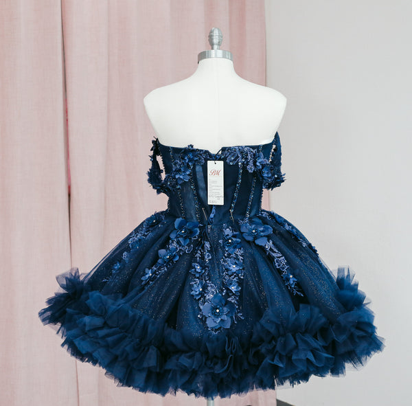 BM1-01 Navy Off-Shoulder Floral Corset Baile Sorpresa Dress — otra vista — Boutique Moroleón