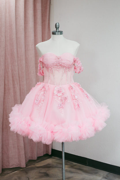 BM1-01 Pink Off-Shoulder Floral Corset Baile Sorpresa Dress
