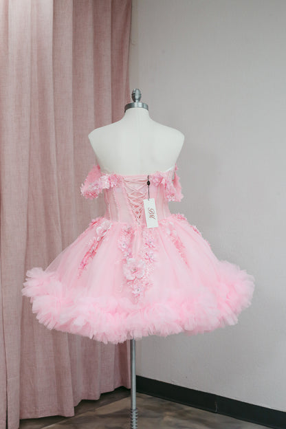 BM1-01 Pink Off-Shoulder Floral Corset Baile Sorpresa Dress