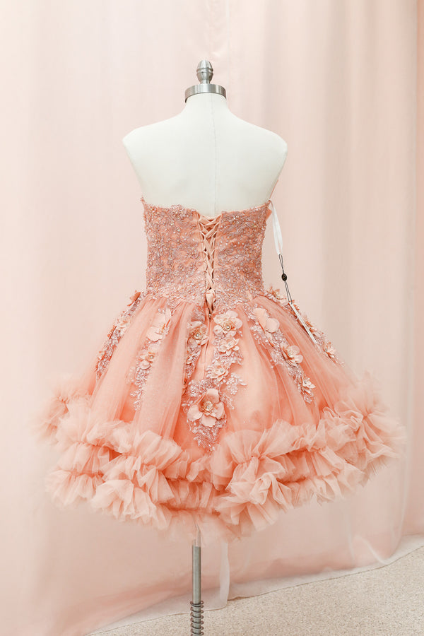 BM1-03 Peach Ruffled Floral Corset Baile Sorpresa Dress — otra vista — Boutique Moroleón
