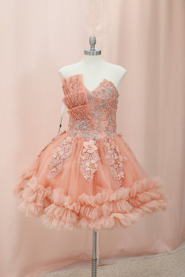 BM1-03 Peach Ruffled Floral Corset Baile Sorpresa Dress — vestido para Baile Sorpresa en Moroleón, Guanajuato — Boutique Moroleón