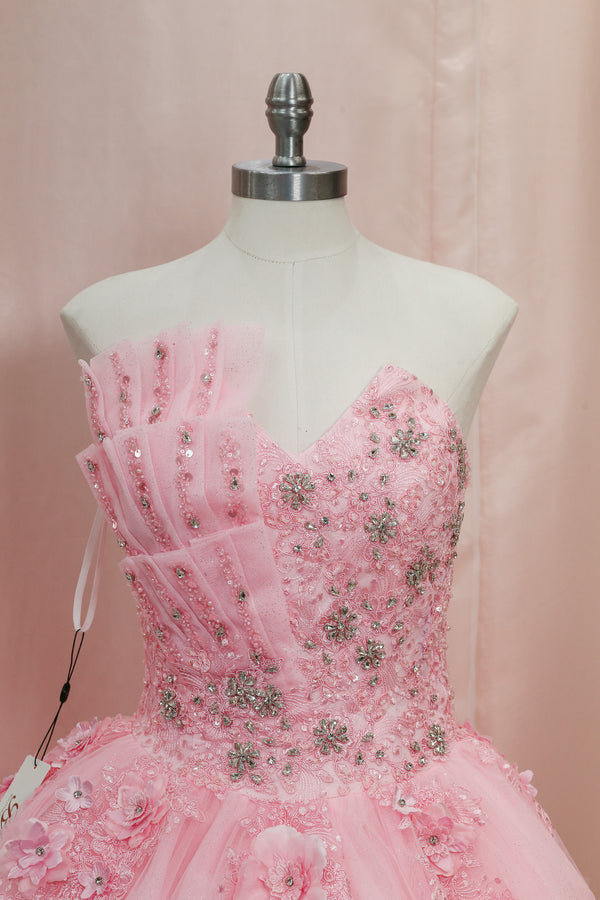 BM1-03 Pink Ruffled Floral Corset Baile Sorpresa Dress — otra vista — Boutique Moroleón