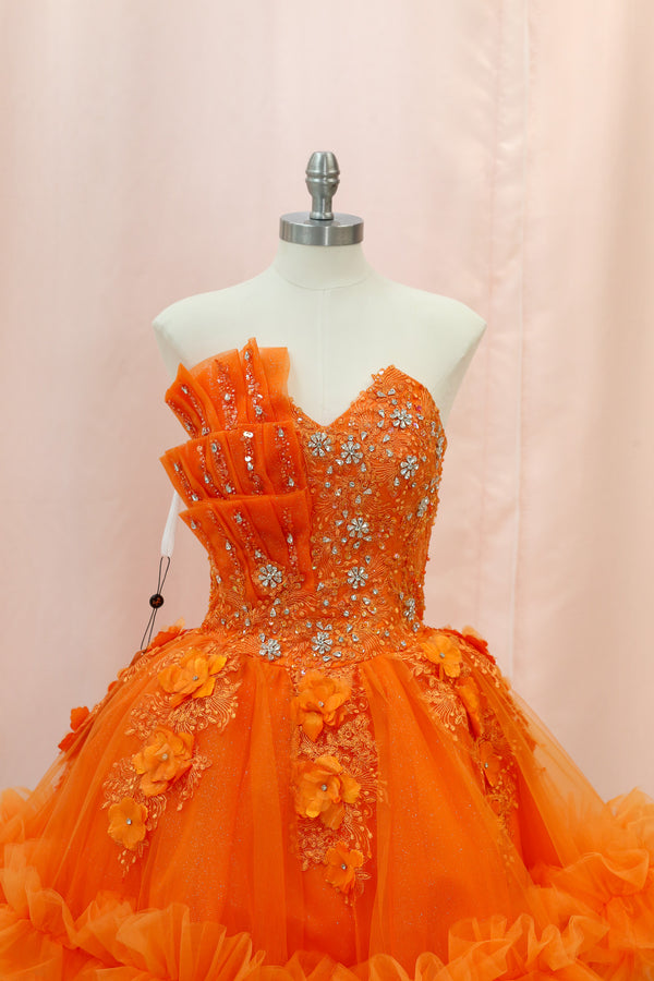 BM1-03 Orange Ruffled Floral Corset Baile Sorpresa Dress — otra vista — Boutique Moroleón