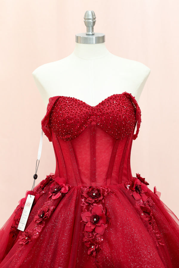 BM1-01 Red Floral Corset Baile Sorpresa Dress — otra vista — Boutique Moroleón
