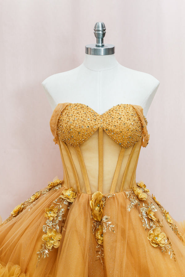 BM1-01 Gold Floral Corset Baile Sorpresa Dress — otra vista — Boutique Moroleón