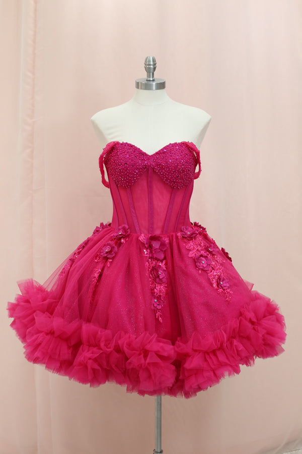 BM1-01 Fuchsia Floral Corset Baile Sorpresa Dress — vestido para Baile Sorpresa en Moroleón, Guanajuato — Boutique Moroleón