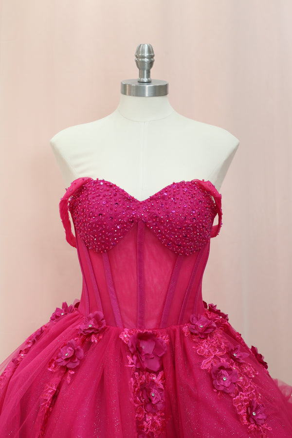 BM1-01 Fuchsia Floral Corset Baile Sorpresa Dress — otra vista — Boutique Moroleón