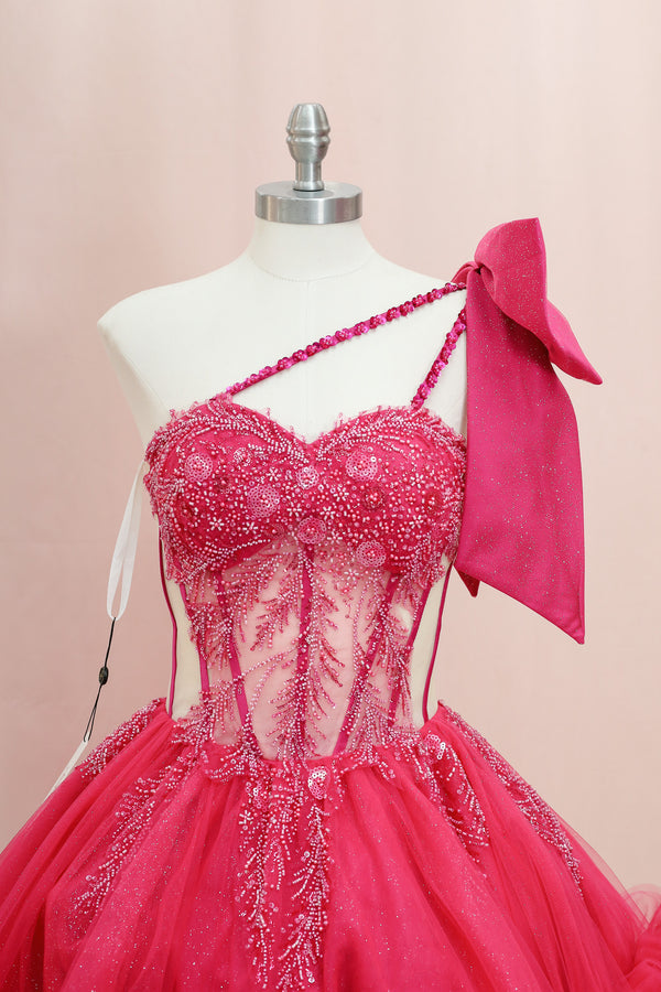 BM1-02 Fuchsia Sparkle Baile Sorpresa Dress — otra vista — Boutique Moroleón