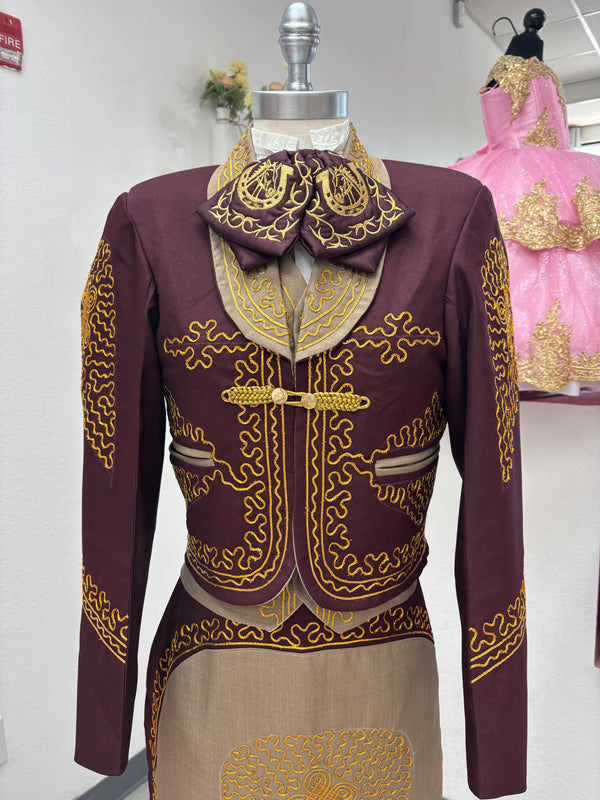 Traje Charro Burgandy/Cafe Mujer Economico — otra vista — Boutique Moroleón