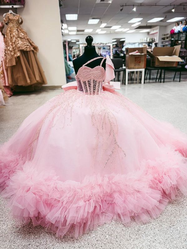 Pink Sparkle Cascade Mini Quinceañera Gown — girls quinceañera dress at Boutique Moroleón Sacramento