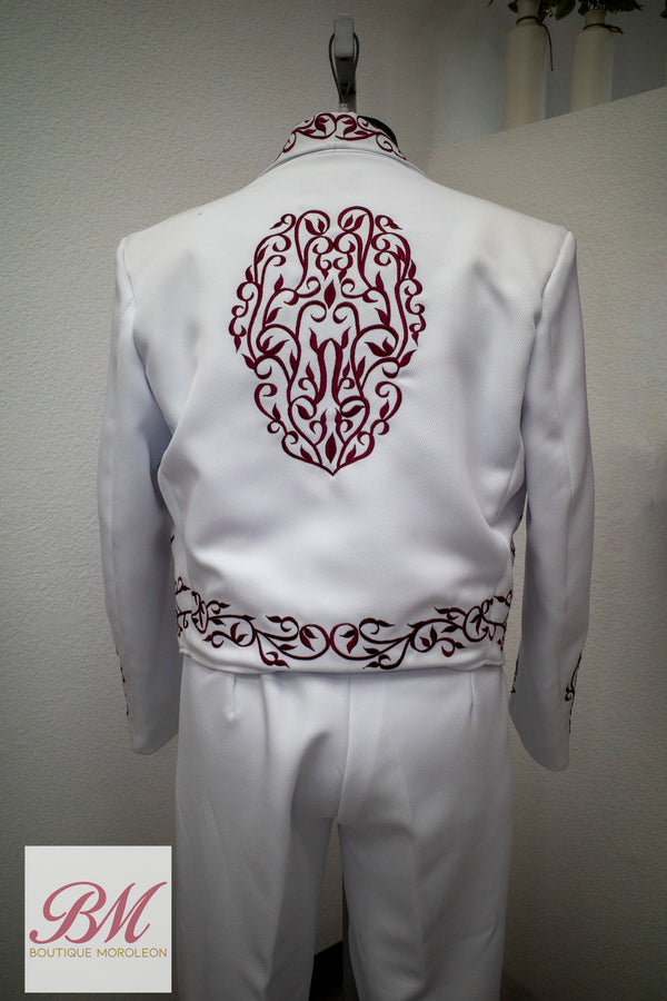 Classic Charro Suit White/Burgundy Embroidery — otra vista — Boutique Moroleón