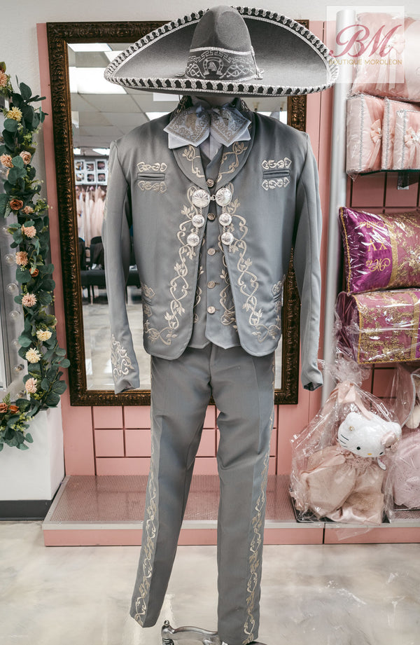 Classic Charro Suit Grey / Silver Embroidery — traje de charro en Moroleón, Guanajuato — Boutique Moroleón