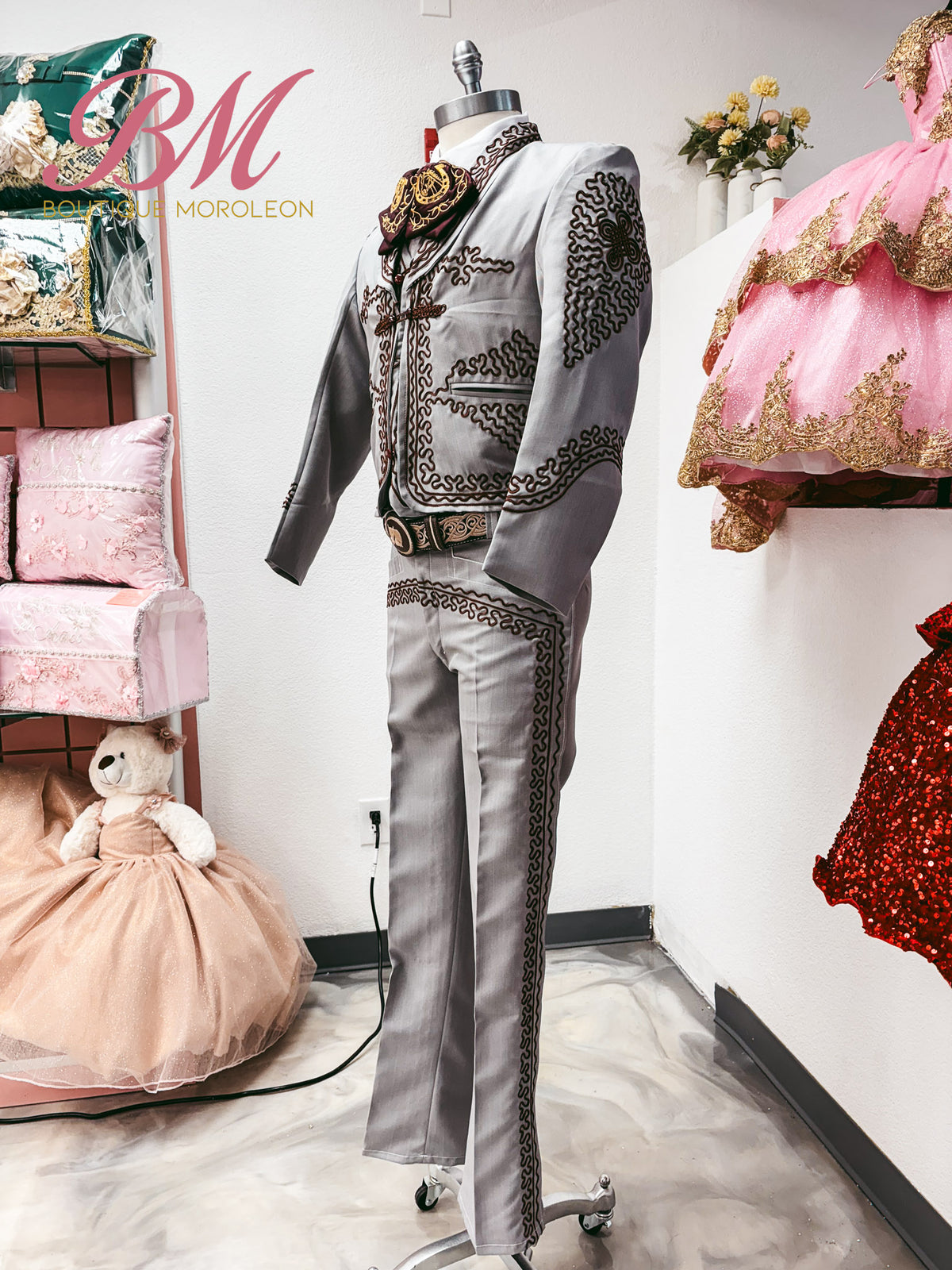 Economical Charro Suit Grey/Burgandy