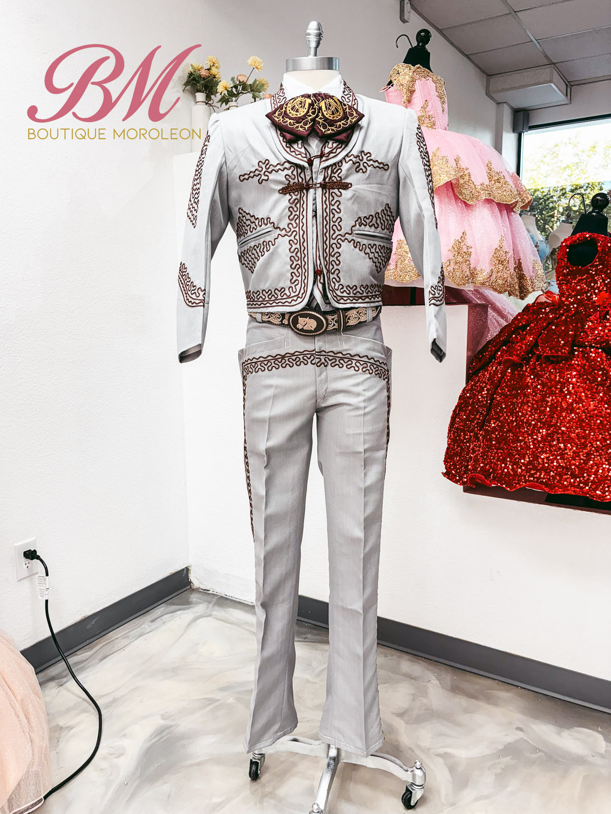 Economical Charro Suit Grey/Burgandy