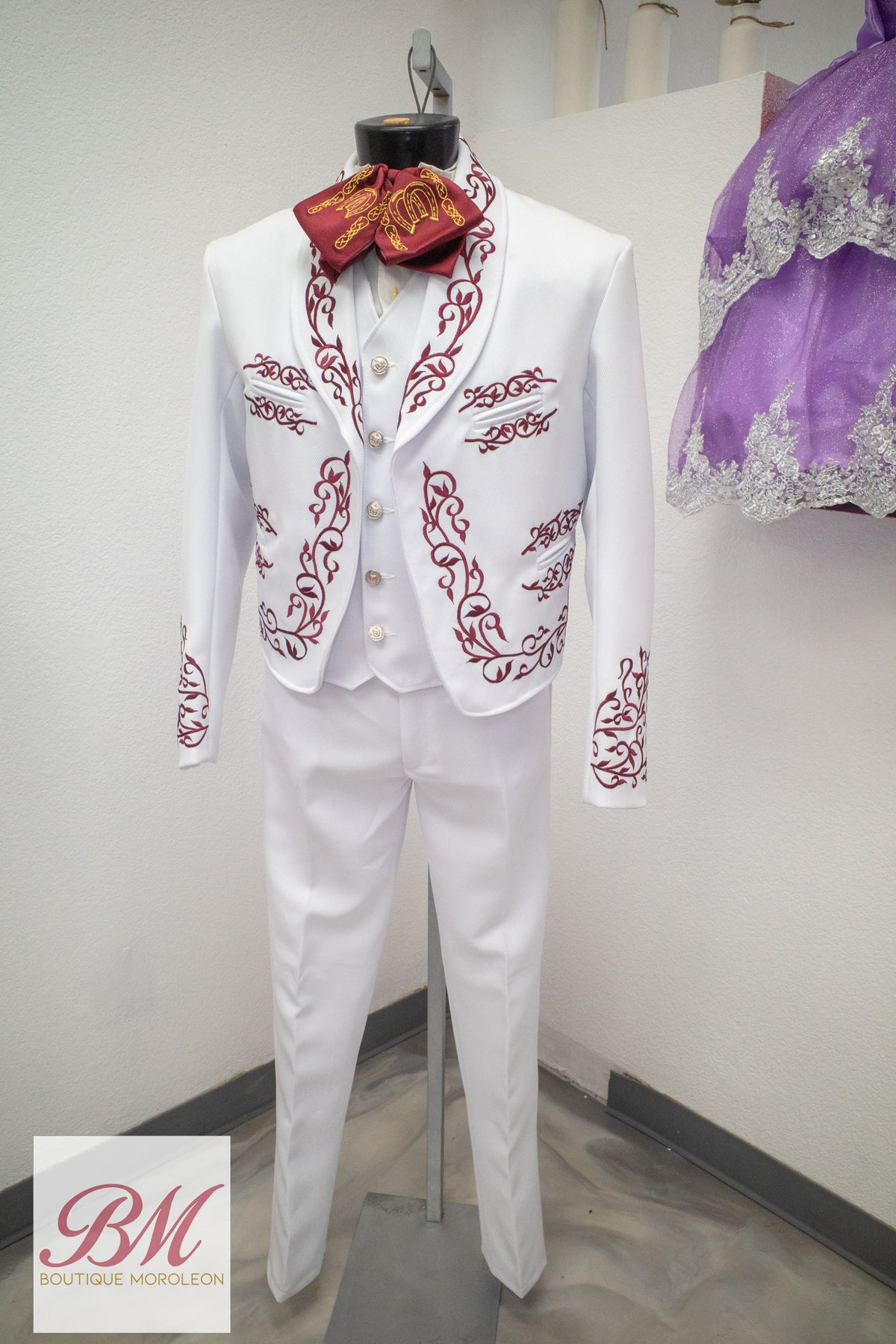 Classic Charro Suit White/Burgundy Embroidery